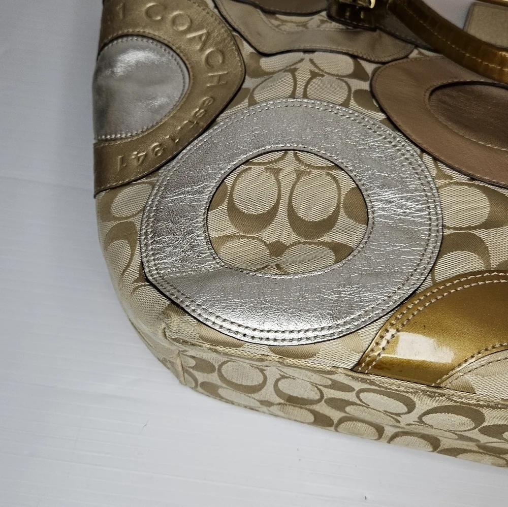 Coach Carly F16180 Vintage Tote – Y2K Metallic Patchwork Logo Canvas Purse, Gold
